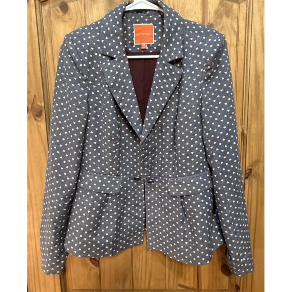 ModCloth Women's Medium Blue Heart Print Blazer Jacket Single Button Long Sleeve